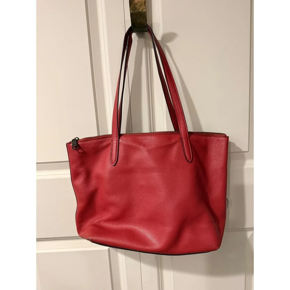 Coach Red Pebbled Leather Zip Top Tote Bag with Front Pocket and Dust Bag